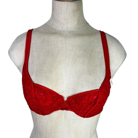 Vtg Christian Dior bra 32C red lace underwire not padded or lined semi sheer NWT - Picture 1 of 8